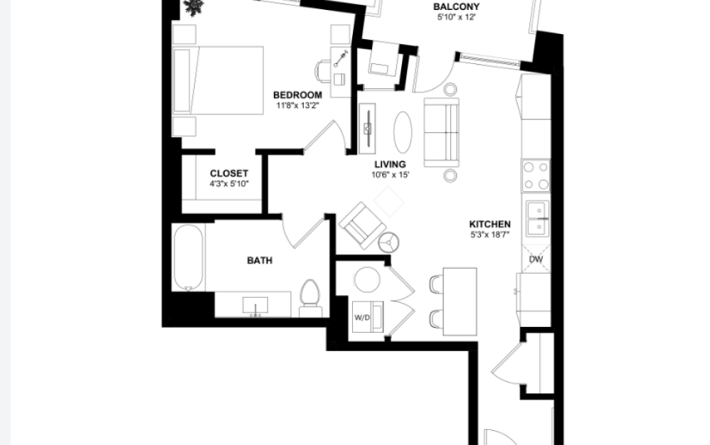 1 BED C - 1 bedroom floorplan layout with 1 bathroom and 710 square feet