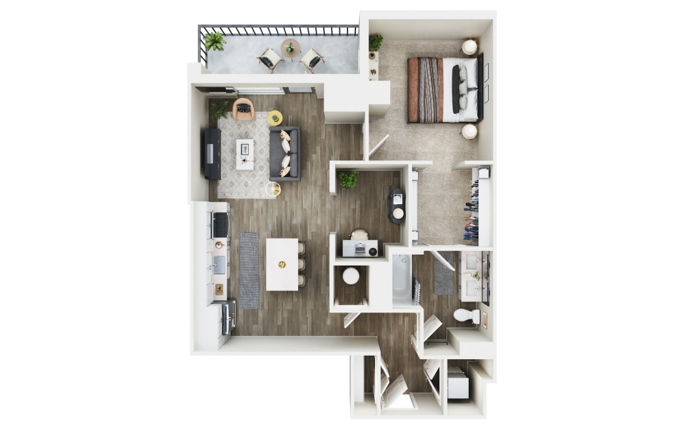 1 BED + DEN G - 1 bedroom floorplan layout with 1 bathroom and 874 square feet (3D)