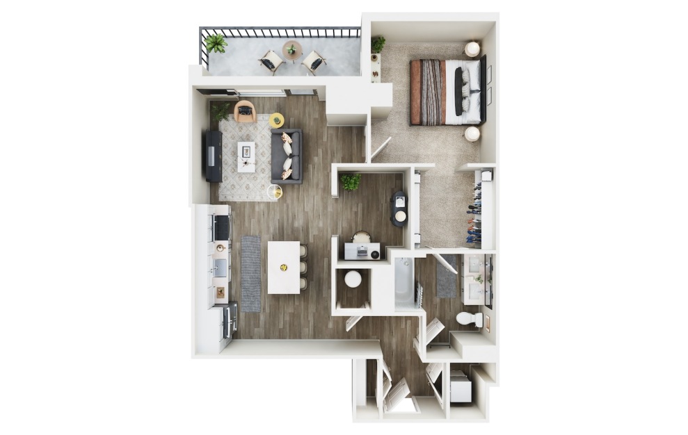 1 BED + DEN G - 1 bedroom floorplan layout with 1 bath and 874 square feet. (3D)