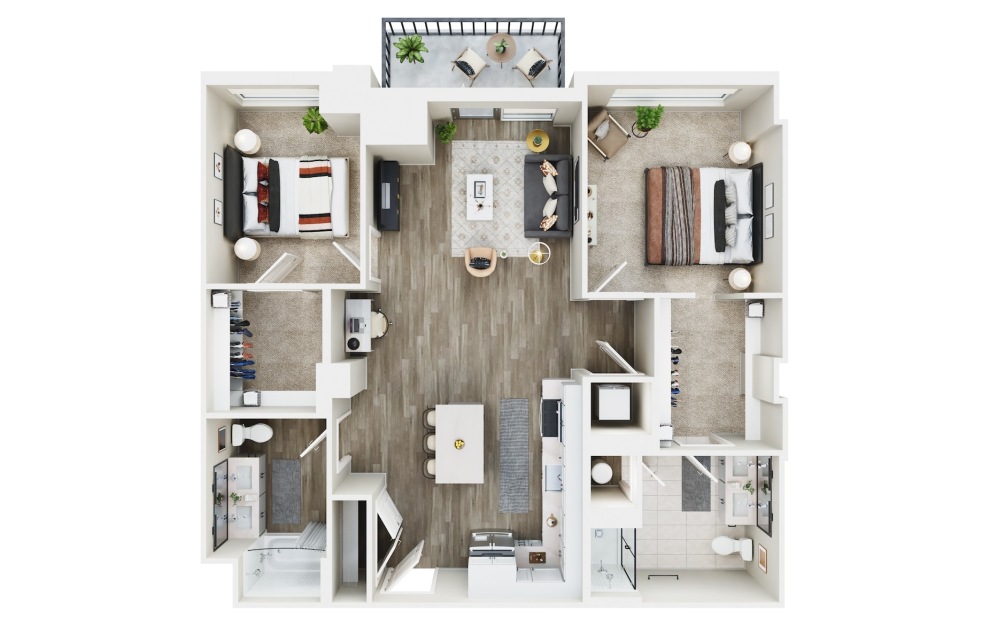 2 BED A - 2 bedroom floorplan layout with 2 baths and 1145 square feet. (3D)
