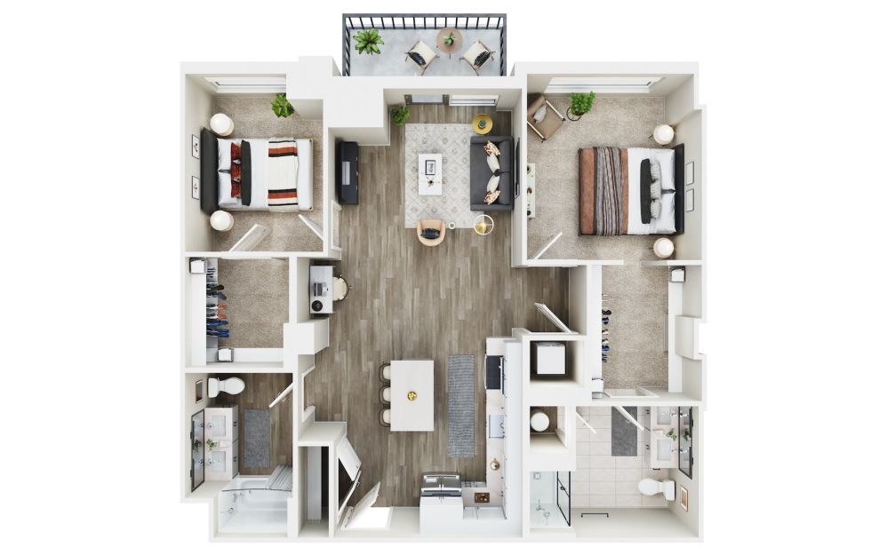 2 BED A - 2 bedroom floorplan layout with 2 bathrooms and 1145 square feet (3D)