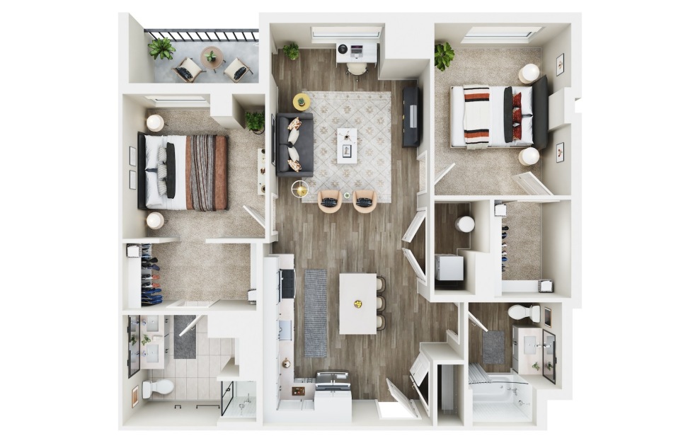 2 BED C - TYPE A - 2 bedroom floorplan layout with 2 baths and 1096 square feet. (3D)