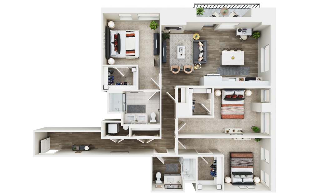 3 BED A - 3 bedroom floorplan layout with 2 baths and 1473 square feet. (3D)