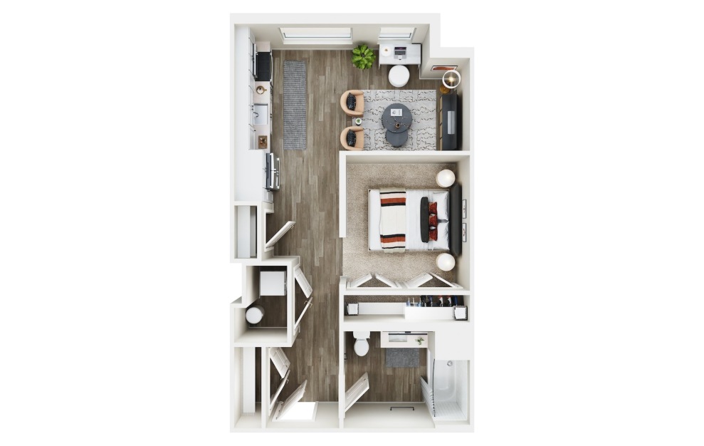STUDIO E - Studio floorplan layout with 1 bath and 613 square feet. (3D)